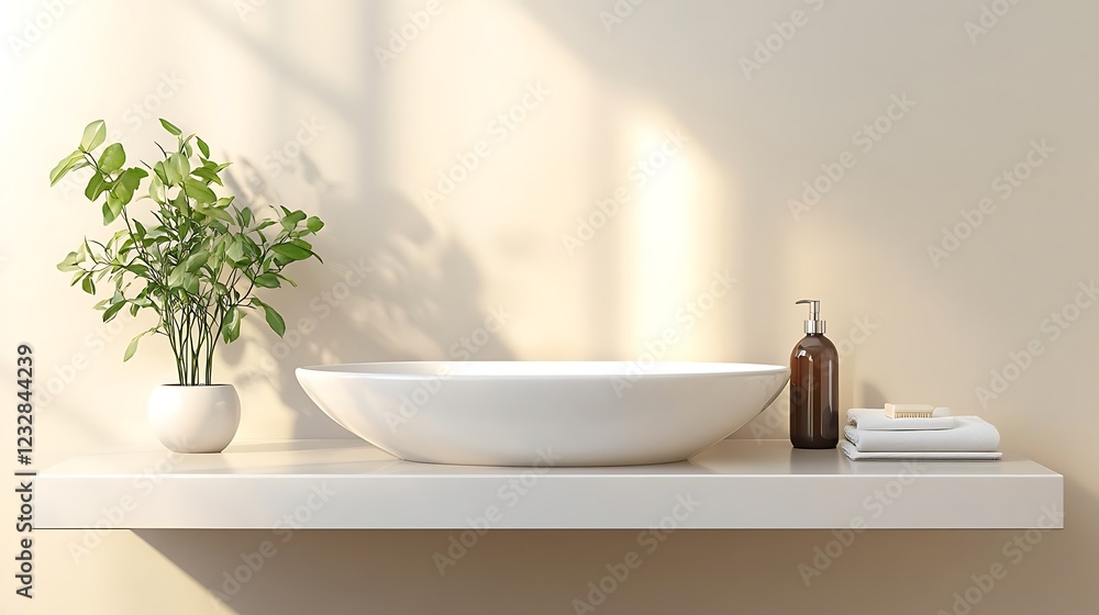 Modern minimalist bathroom sink with plant and toiletries Modern minimalist bathroom sink with plant and toiletries