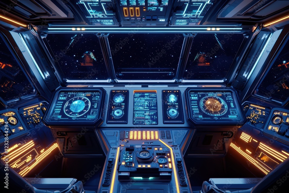 Obraz premium Futuristic spaceship cockpit design with glowing interfaces sci-fi setting