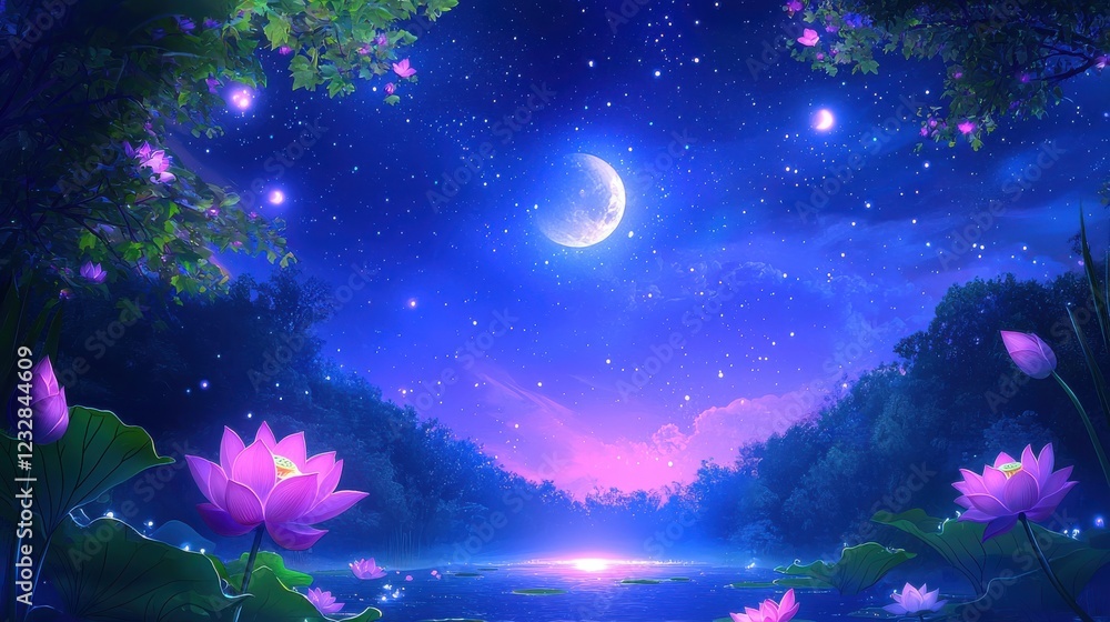 Naklejka premium Pink lotus flowers bloom near a serene lake under a crescent moon and starry night sky. Magical, dreamy atmosphere with soft lighting and vibrant colors.
