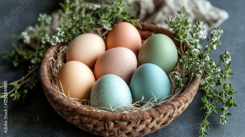 Colorful pastel eggs arranged in a basket surrounded by flowers on a marble s...