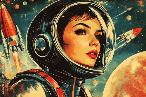 Obraz na płótnie The confident girl astronaut, wearing a space helmet and jetpack, combines retro and futuristic elements in a bold, empowering poster set against a backdrop of planets and rockets w salonie