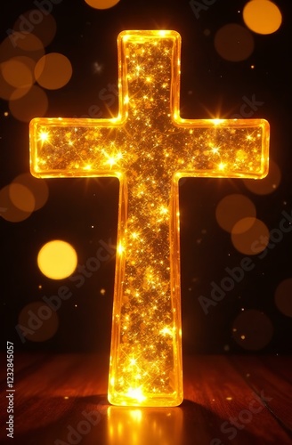 Volumetric transparent glass golden Christian cross glowing from the inside on a festive light background
