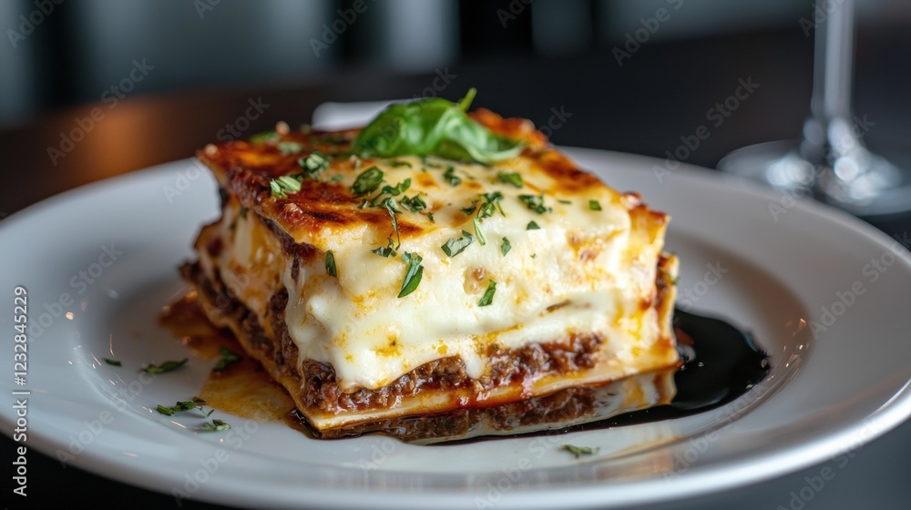 Slice of lasagna on a white plate. the lasagna is layered with layers of layers of meat and cheese, topped with melted cheese and garnished with fresh basil leaves. Slice of lasagna on a white plate. the lasagna is layered with layers of layers of meat and cheese, topped with melted cheese and garnished with fresh basil leaves.