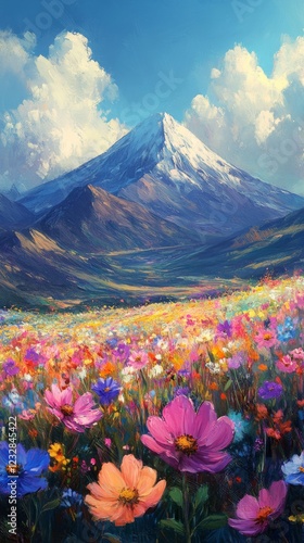 Vibrant wildflower meadow with snow-capped mountains in the background during...