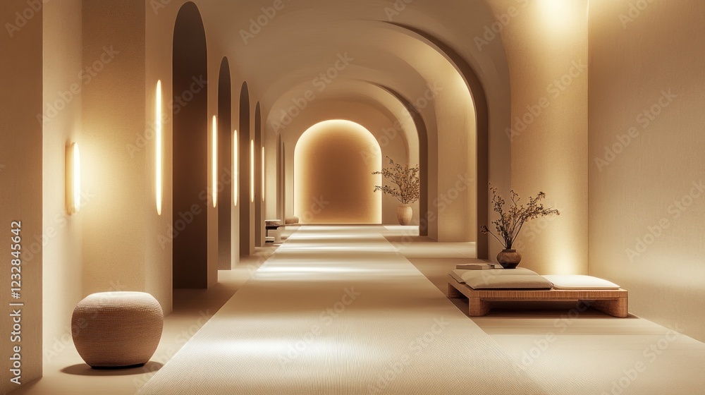 Elegant corridor with arches, lights, and benches. Elegant corridor with arches, lights, and benches.