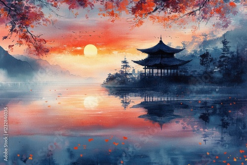 Colorful sunset over calm waters with vibrant reflections in the sky