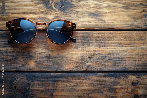 Stylish sunglasses resting on a wooden surface with warm sunlight illuminatin...