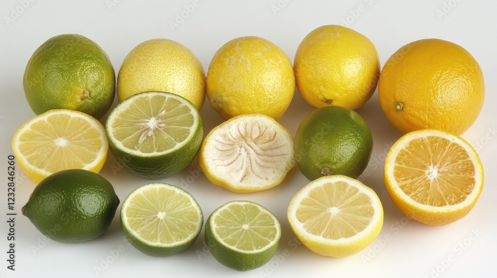 Whole and Halved Limes Lemons and Oranges Arranged Whole and Halved Limes Lemons and Oranges Arranged