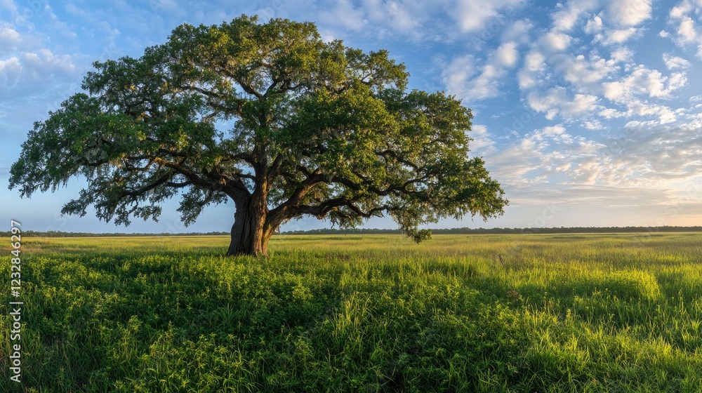 Majestic Oak Tree in a Verdant Meadow Landscape Majestic Oak Tree in a Verdant Meadow Landscape