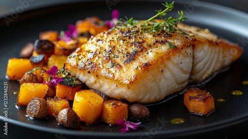 Delicious grilled fish fillet served with roasted vegetables on a black plate