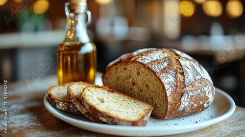 Freshly baked bread and olive oil on a rustic table with a soft linen cloth