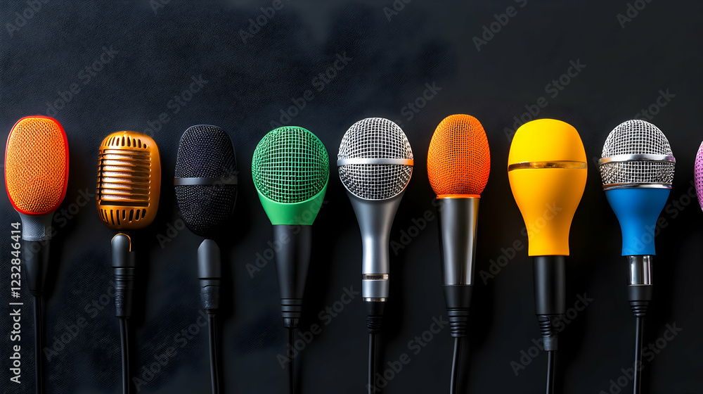 Colorful microphones await an exciting live music event filled with enthusiasm Colorful microphones await an exciting live music event filled with enthusiasm