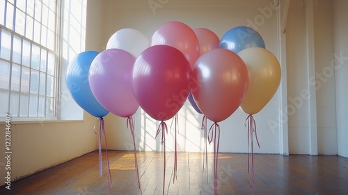 Colorful balloons in a bright, minimalistic interior setting during daylight ...