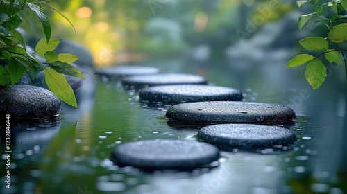 Stacked stones creating a peaceful arrangement on a smooth surface with greenery