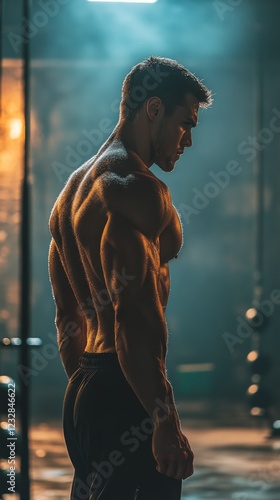 Bodybuilder performs bicep curl exercise in modern gym setting during afterno...
