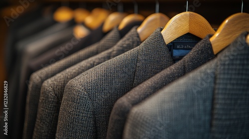 Stylish gray suits hanging on wooden hangers in a boutique during a sunny aft...