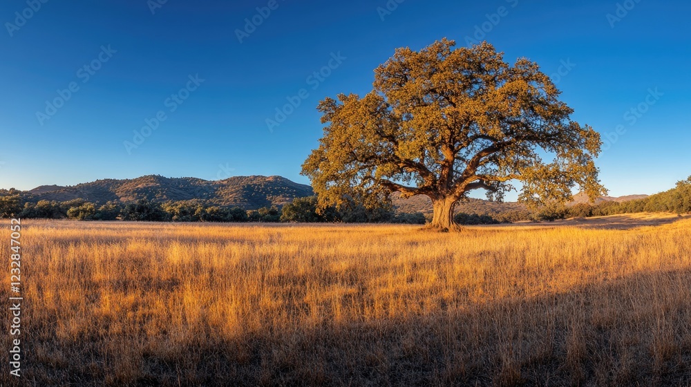 Majestic Oak Tree Stands Tall In Golden Field And Mountains Majestic Oak Tree Stands Tall In Golden Field And Mountains