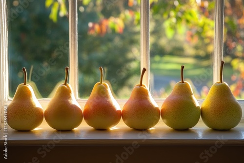 Vibrant pears lined up on a windowsill during autumn light