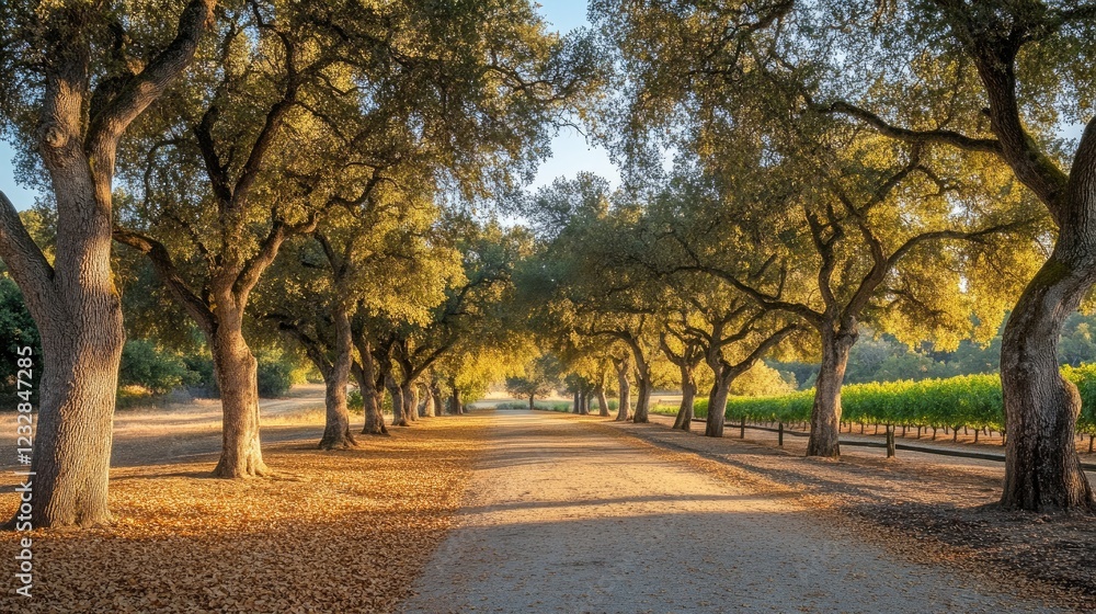 Naklejka premium Golden sunlight illuminates a tree lined path beside a vineyard