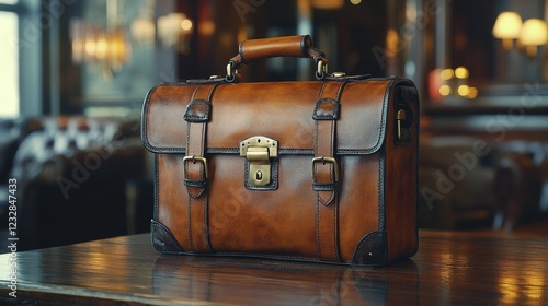 Stylish leather briefcase resting on a polished wooden table in a cozy cafe s...