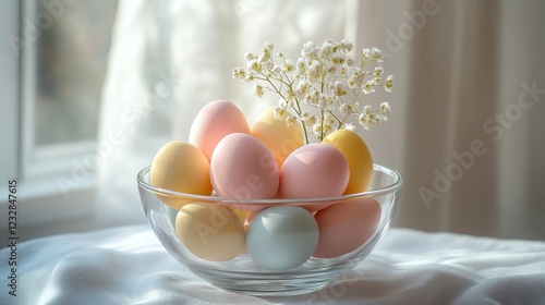 Colorful eggs and spring flowers arranged in a glass bowl near a window in so...