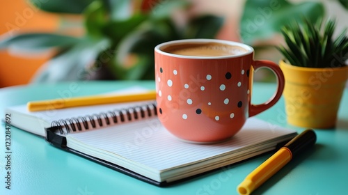 Coffee and notebook on a rustic wooden table in a cozy workspace during morni...