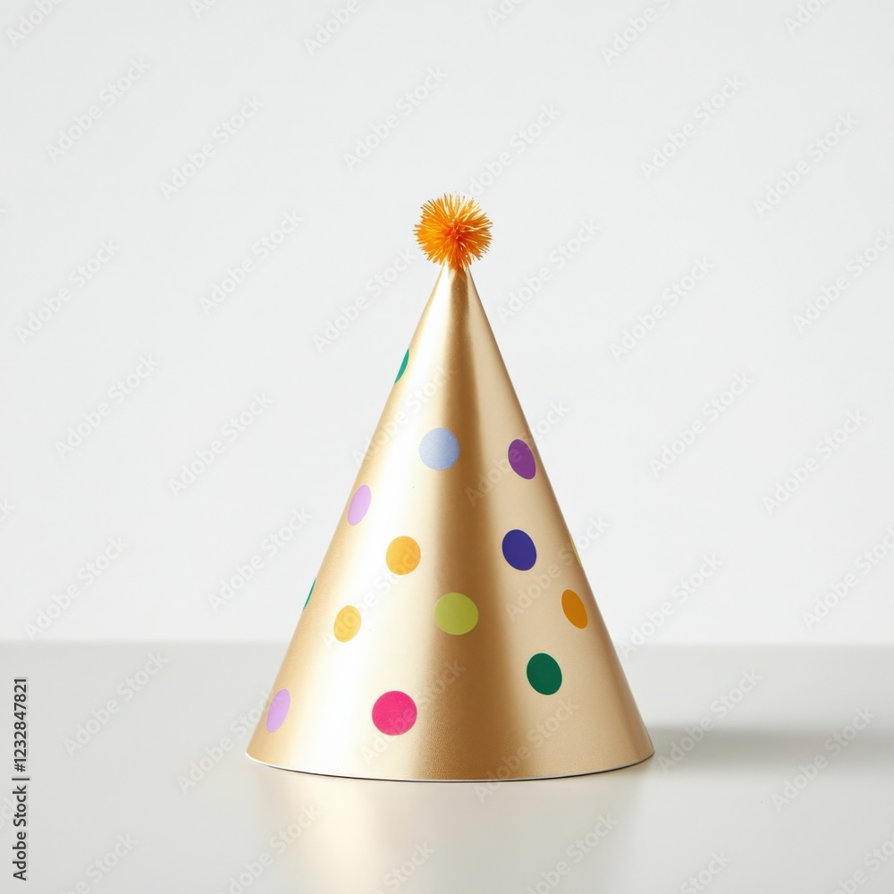 gold party hat with colorful polka dots and an orange pompom on a white background gold party hat with colorful polka dots and an orange pompom on a white background
