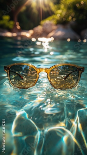 Sunglasses floating on sparkling pool water with sun reflections in a relaxin...