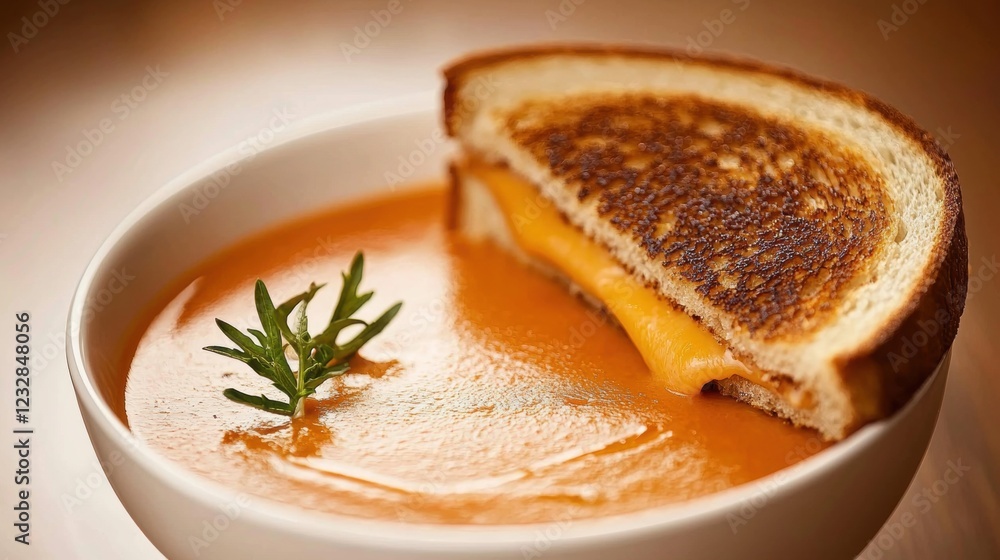 Bowl of tomato soup with a grilled cheese sandwich on top. the soup is a bright orange color and appears to be thick and creamy. Bowl of tomato soup with a grilled cheese sandwich on top. the soup is a bright orange color and appears to be thick and creamy.