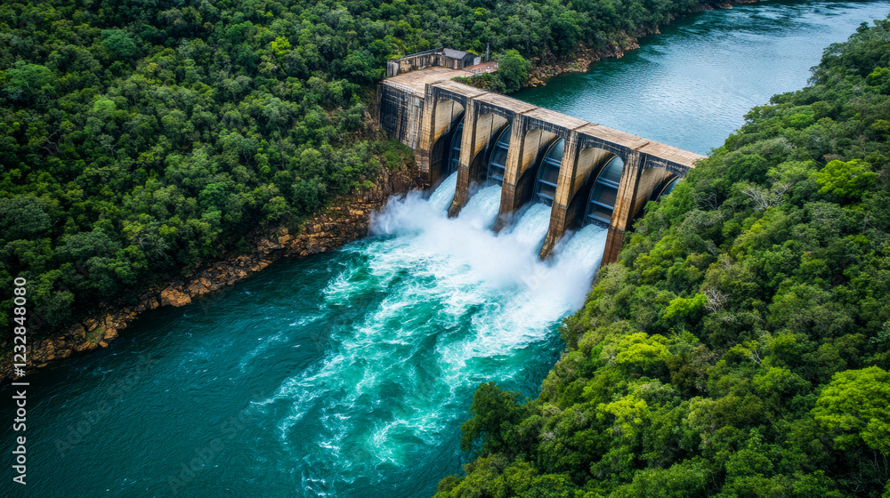 Water flows through a dam surrounded by lush green forest along a serene river during a bright day Water flows through a dam surrounded by lush green forest along a serene river during a bright day