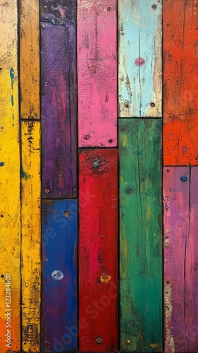 Colorful wooden planks create a vibrant wall art display in a rustic setting
