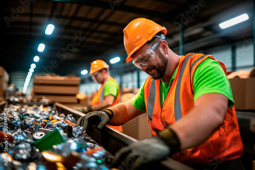 Smiling worker processing recyclable materials in a plant