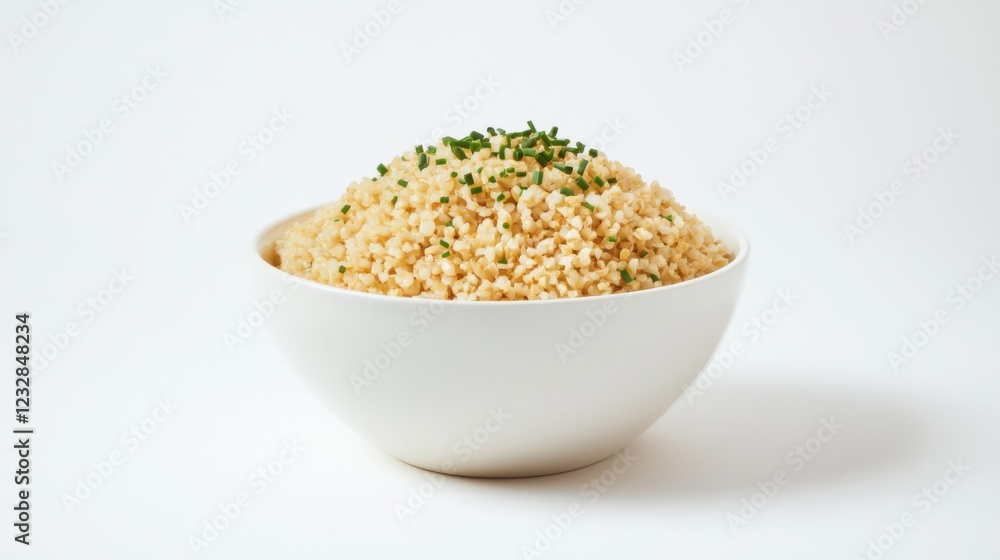 A simple bowl of plain bulgur wheat with a light drizzle of olive oil and a sprinkle of fresh chives, served in a minimalist white ceramic bowl, Bulgur wheat centered A simple bowl of plain bulgur wheat with a light drizzle of olive oil and a sprinkle of fresh chives, served in a minimalist white ceramic bowl, Bulgur wheat centered