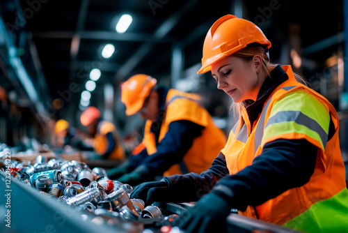 Woman sorting aluminum cans in an industrial recycling facility