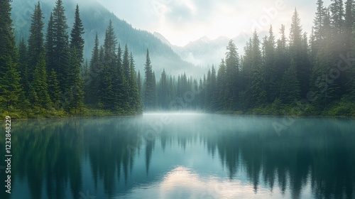 Misty morning reflections on a tranquil lake surrounded by dense forested mou...