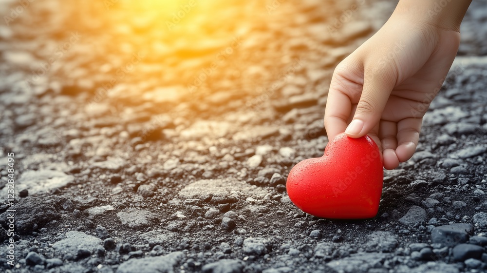 Fototapeta premium A human hand holds a red heart figure, lifting it from the asphalt on the street. Minimalistic composition with space for text.