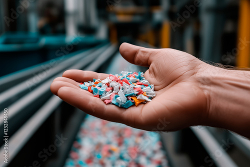 Hand holding plastic pellets from a recycling process