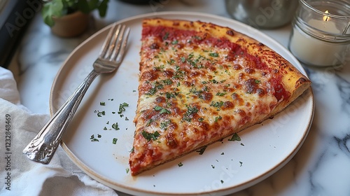 Delicious slice of cheese pizza served on a plate at a cozy restaurant setting