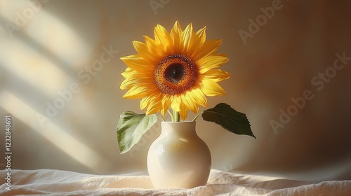 Sunflower in a white vase by the window on a sunny day enhancing indoor decor