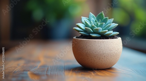 Decorative succulent in a simple pot on a wooden table in a cozy indoor setting