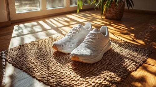 Elegant white sneakers placed on a textured rug in a sunlit room with plants