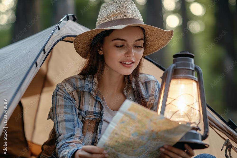 Young Woman Examining Map While Sitting Inside Tent in Nature