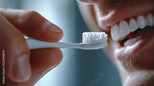 Hand Brushing Teeth with Electric Toothbrush Macro Shot photo