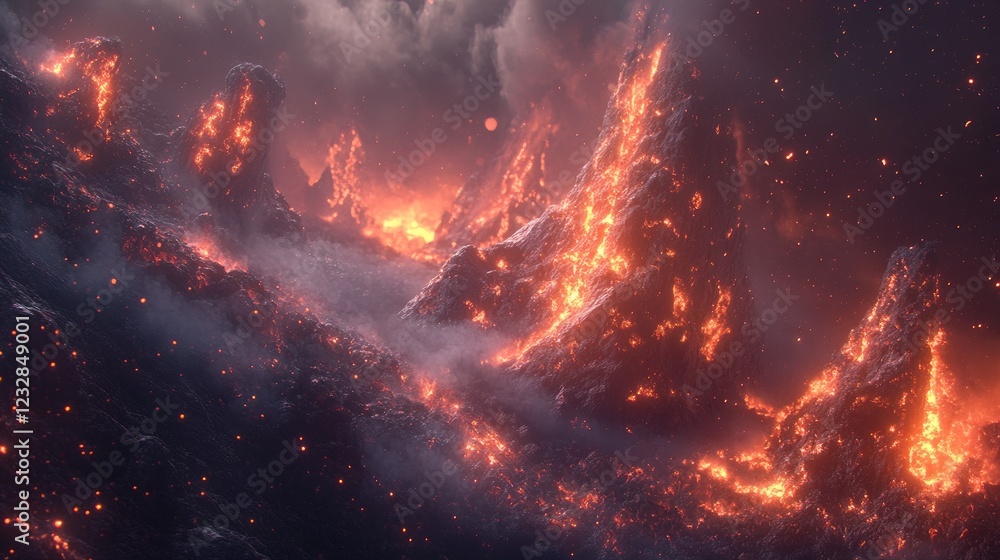 Fiery Volcanic Mountains Ignite Dark Skies Fiery Volcanic Mountains Ignite Dark Skies