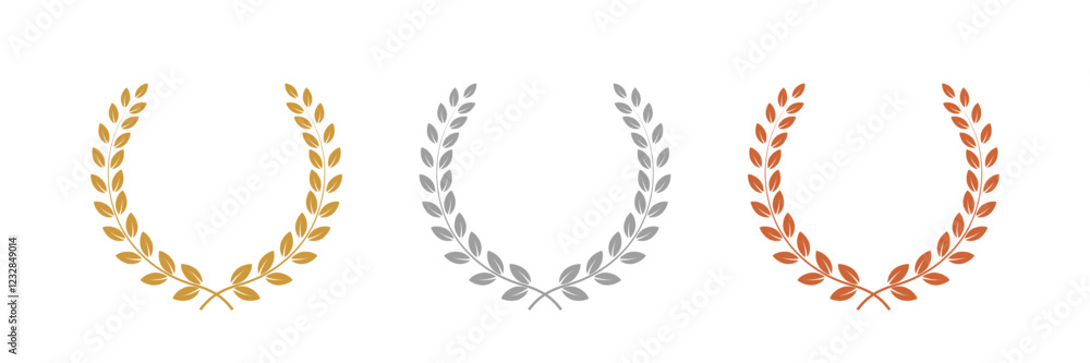 Gold, silver, bronze laurel wreaths. Winner medal award set vector illustration. Victory symbol, triumph emblem, champion prize isolated on transparent background. Gold, silver, bronze laurel wreaths. Winner medal award set vector illustration. Victory symbol, triumph emblem, champion prize isolated on transparent background.