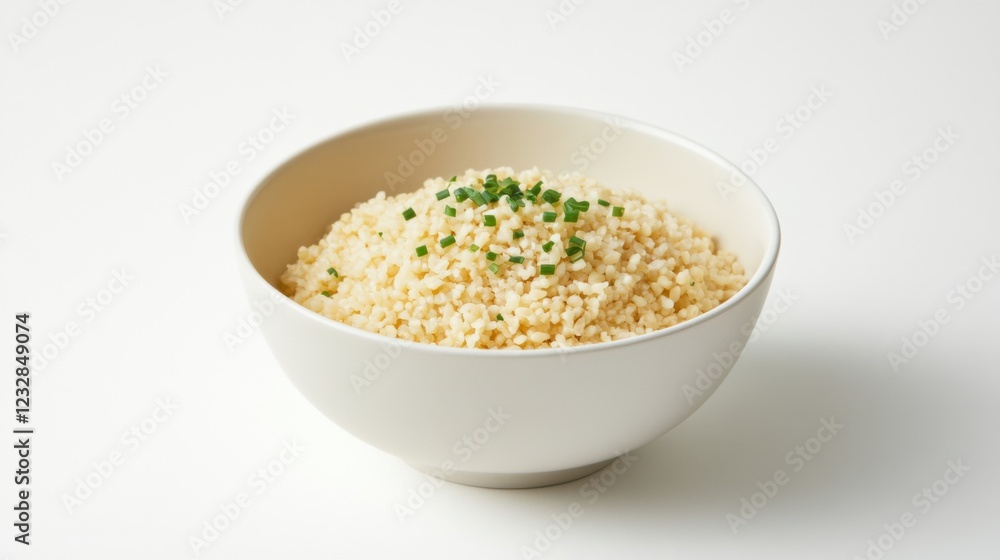A simple bowl of plain bulgur wheat with a light drizzle of olive oil and a sprinkle of fresh chives, served in a minimalist white ceramic bowl, Bulgur wheat centered