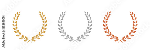 Gold, silver, bronze laurel wreaths. Winner medal award set vector illustration. Victory symbol, triumph emblem, champion prize isolated on transparent background.