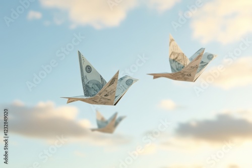 money flying away like paper airplanes in a cloudy sky