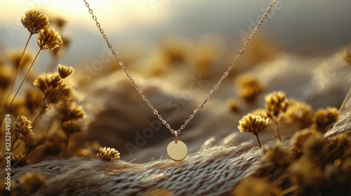 Minimalist gold necklace displayed on polished marble surface indoors