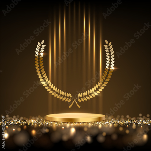 Gold award podium with laurel wreath and light rays isolated on black background. Luxury product presentation, glamour design for beauty industry, winner ceremony. Abstract vector illustration.